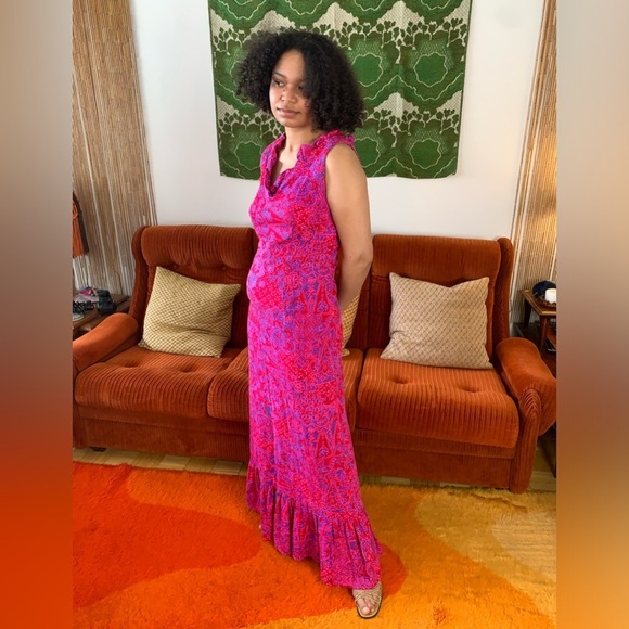 60s Vintage Tropical Barkcloth Psychedelic Mermaid Maxi Dress - Picture 3 of 10